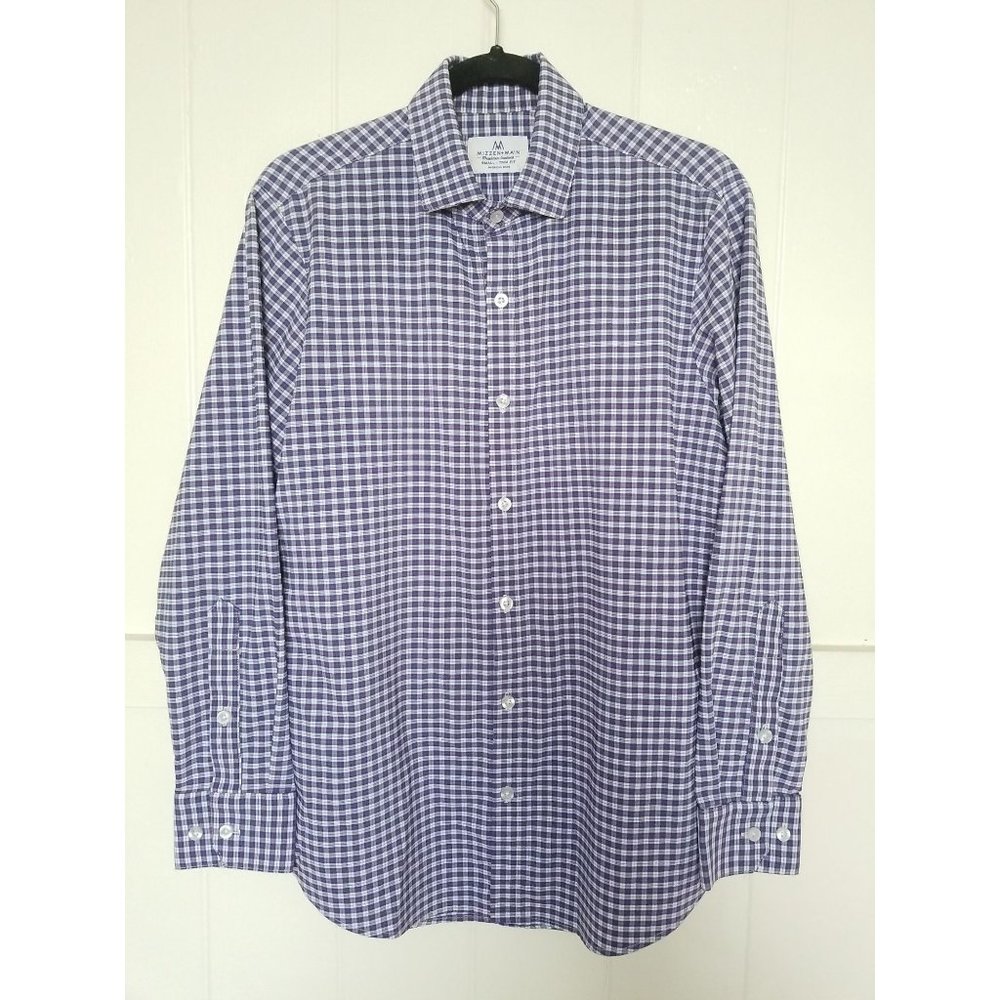 MIZZEN + MAIN STRETCH Long Sleeve Button Shirt Mens S Trim Fit Blue Plaid